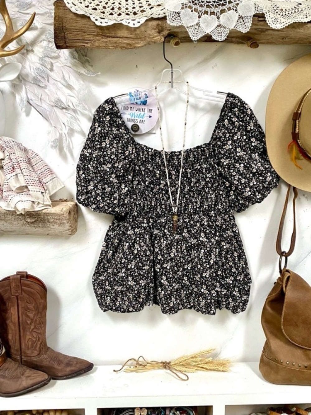 Prairie farmhouse ballon sleeves boho floral blouse w shabby chic vibe
